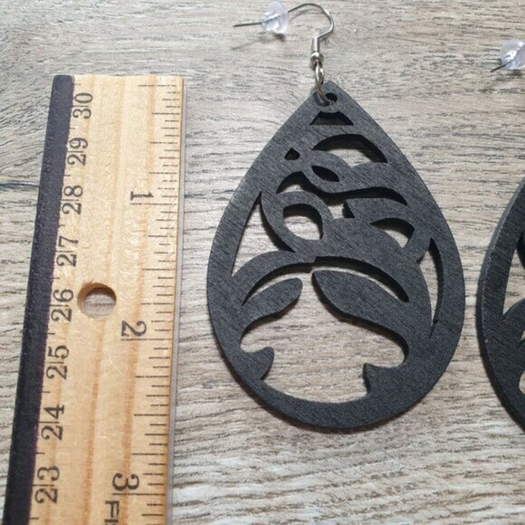 Earring Laser Cut Wood Black Teardrop Cutout  Design Wood Fishhook Backings Wome - Picture 4 of 4